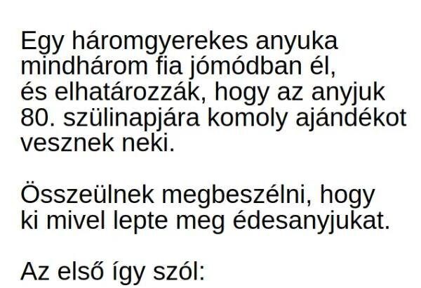 VICC: Egy háromgyerekes anyuka három fia elhatározza, hogy az anyjuk 80. szülinapjára komoly ajándékot vesznek neki. vicc-egy-haromgyerekes-anyuka-harom-fia-elhatarozza-hogy-az-anyjuk-80-szulinapjara-komoly-ajandekot-vesznek-neki_67540eadccdd9