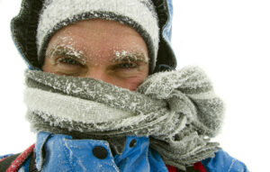 man frozen in outdoor winter storm